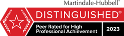 Logo Recognizing Jason R. Schultz P.C.'s affiliation with Martindale Hubbell Preeminent Distinguished 2023